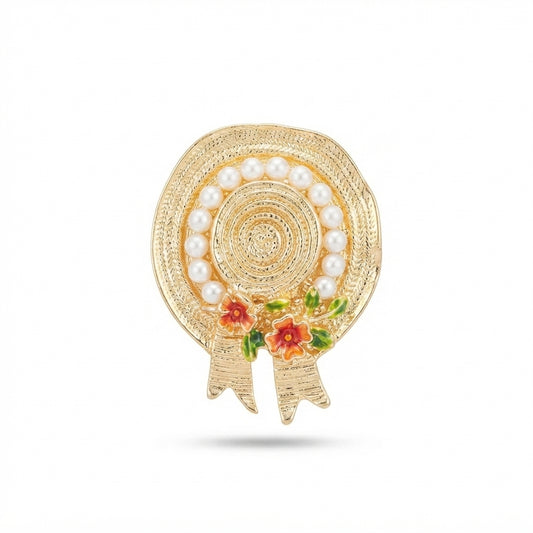 Straw Hat with Pearls Brooch