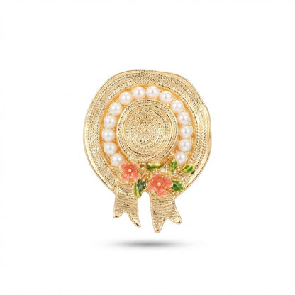 Straw Hat with Pearls Brooch