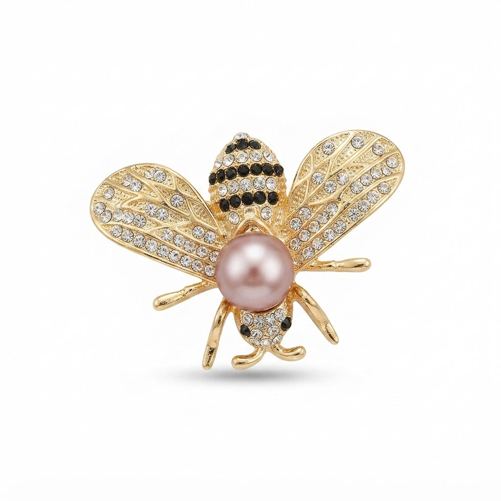 Gold Bee with Pink Pearl Brooch
