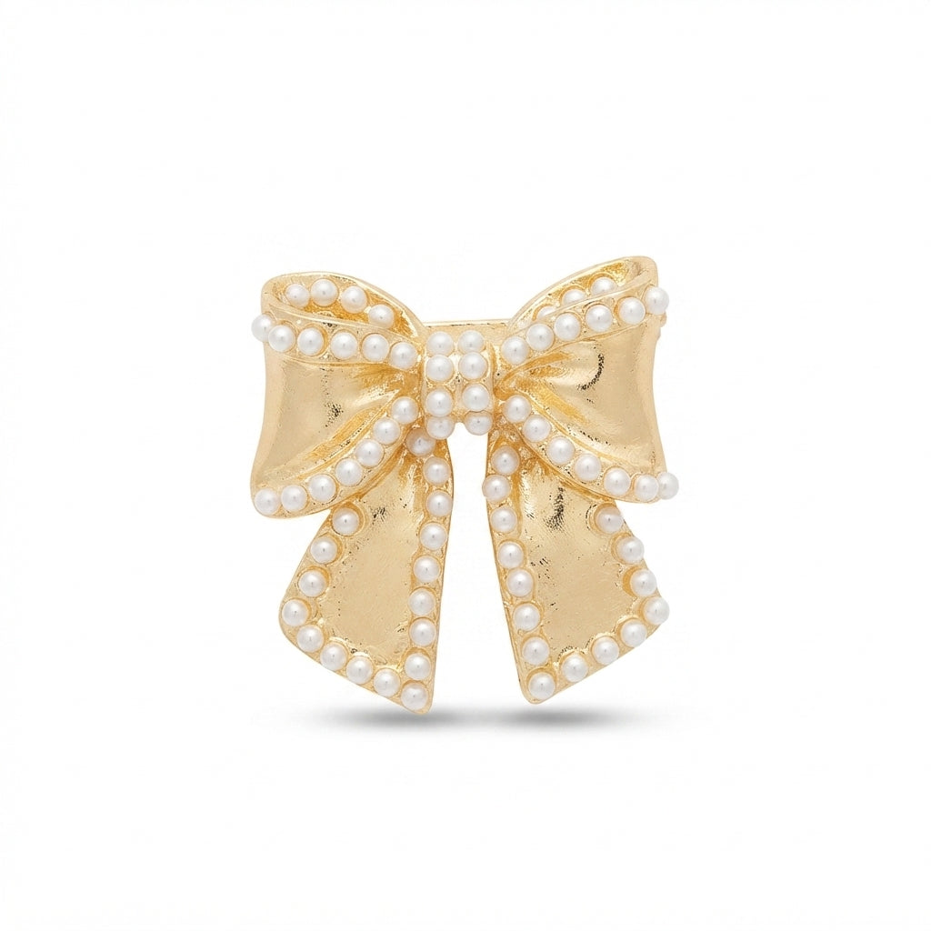 Gold Pearl Outlined Bow Brooch