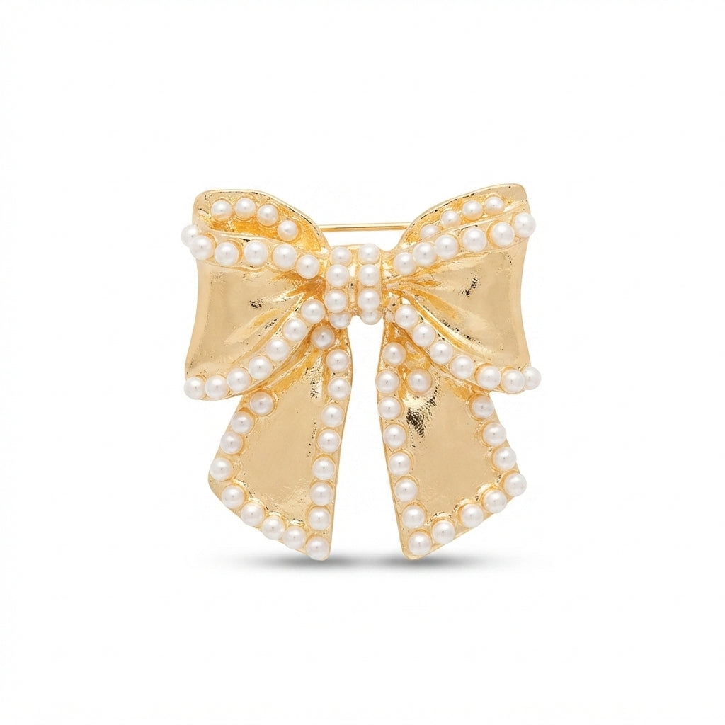 Gold Pearl Outlined Bow Brooch