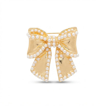Gold Pearl Outlined Bow Brooch