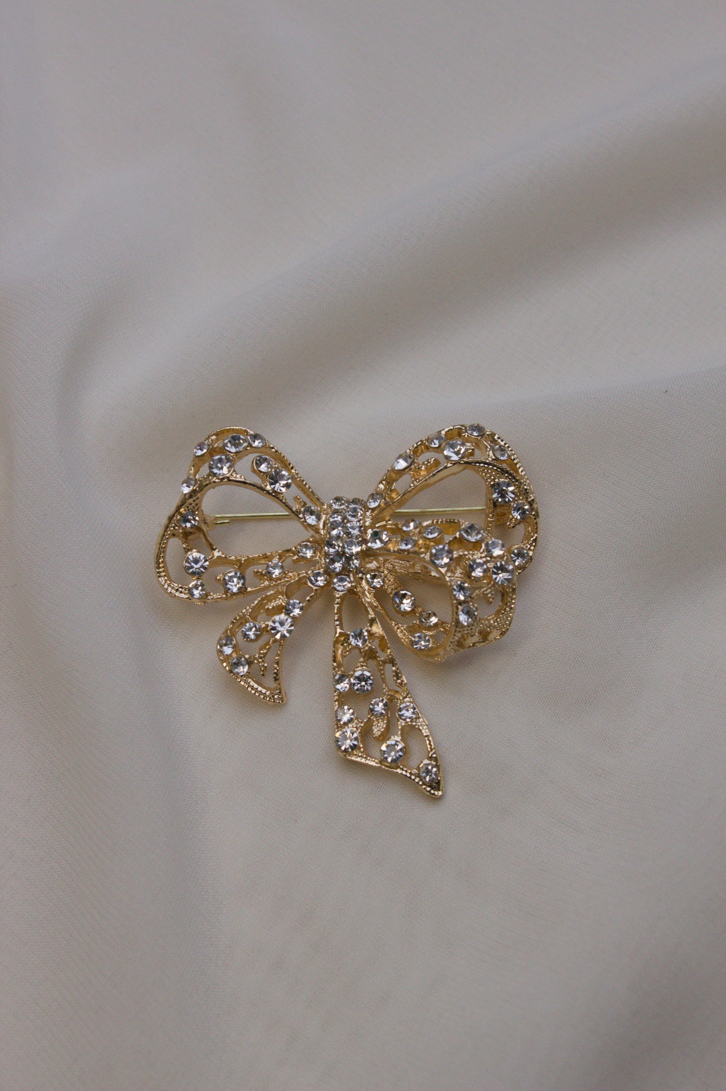 Gold Crystal Bow Brooch