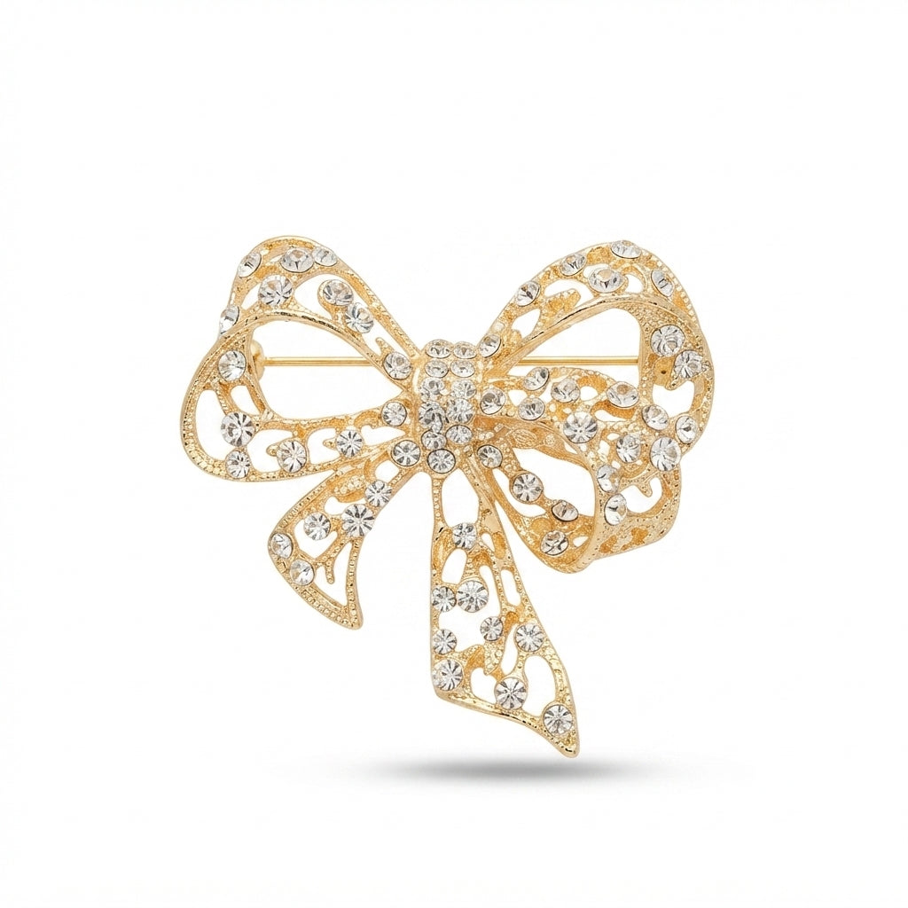 Gold Crystal Bow Brooch