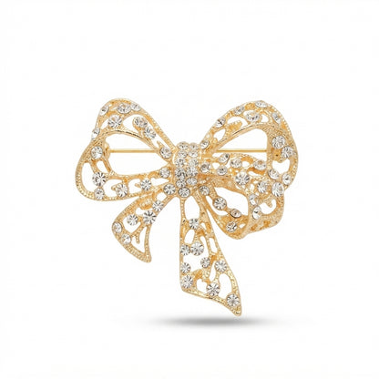Gold Crystal Bow Brooch