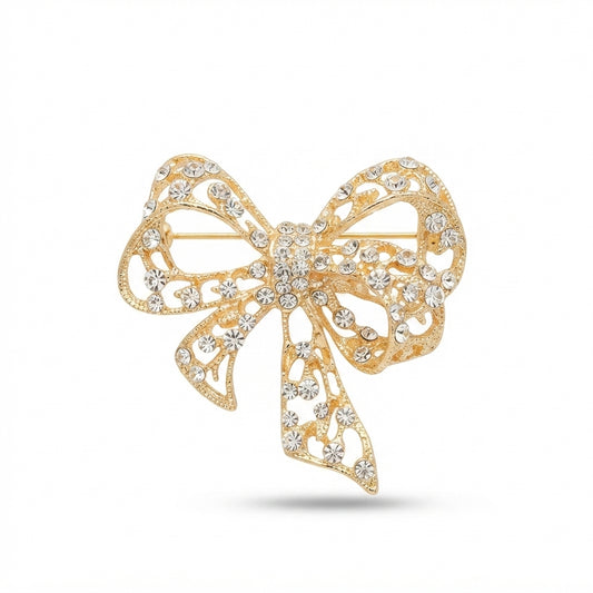 Gold Crystal Bow Brooch