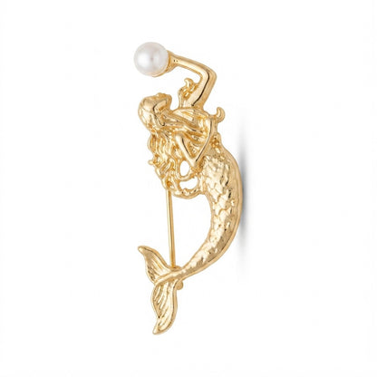 Gold Mermaid with Pearl Brooch