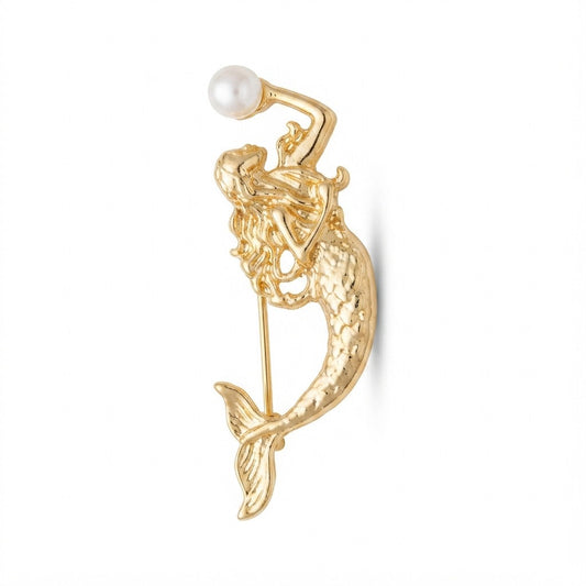 Gold Mermaid with Pearl Brooch