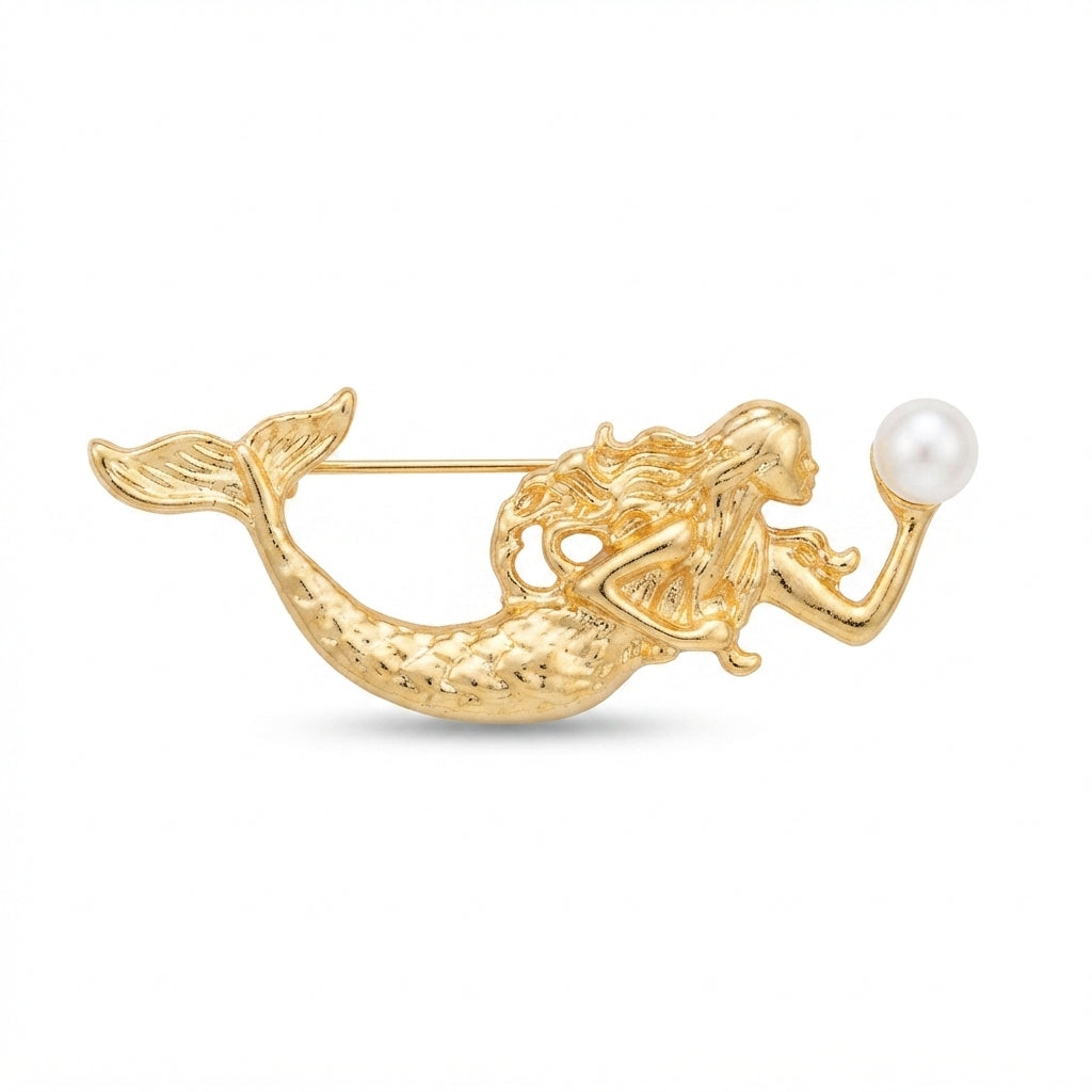 Gold Mermaid with Pearl Brooch