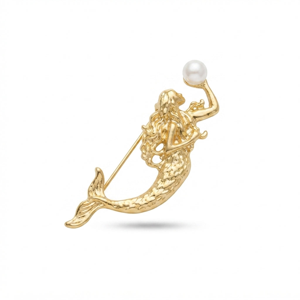 Gold Mermaid with Pearl Brooch