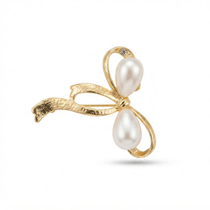 Gold Pearl Teardrop Bow Brooch