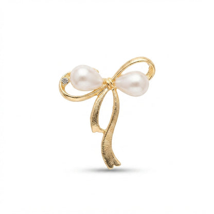 Gold Pearl Teardrop Bow Brooch