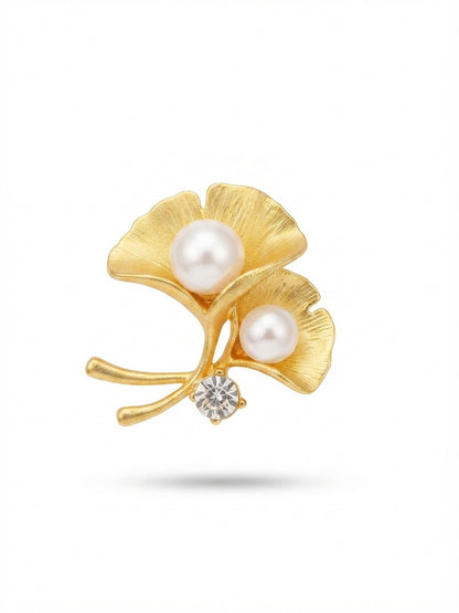 Gold Ginkgo Leaf with Pearls Brooch