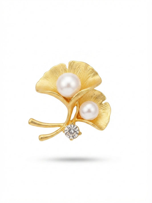 Gold Ginkgo Leaf with Pearls Brooch