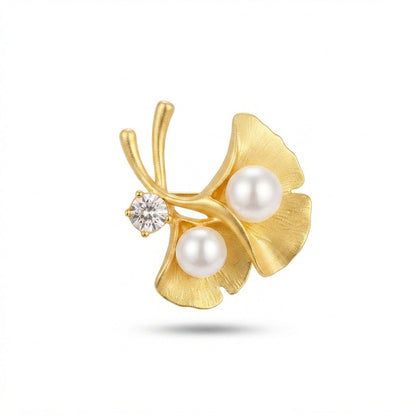 Gold Ginkgo Leaf with Pearls Brooch