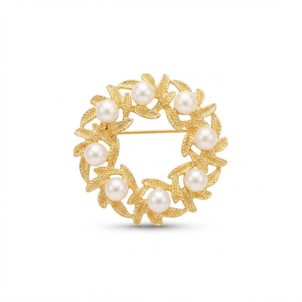 Gold Pearl Wreath Brooch