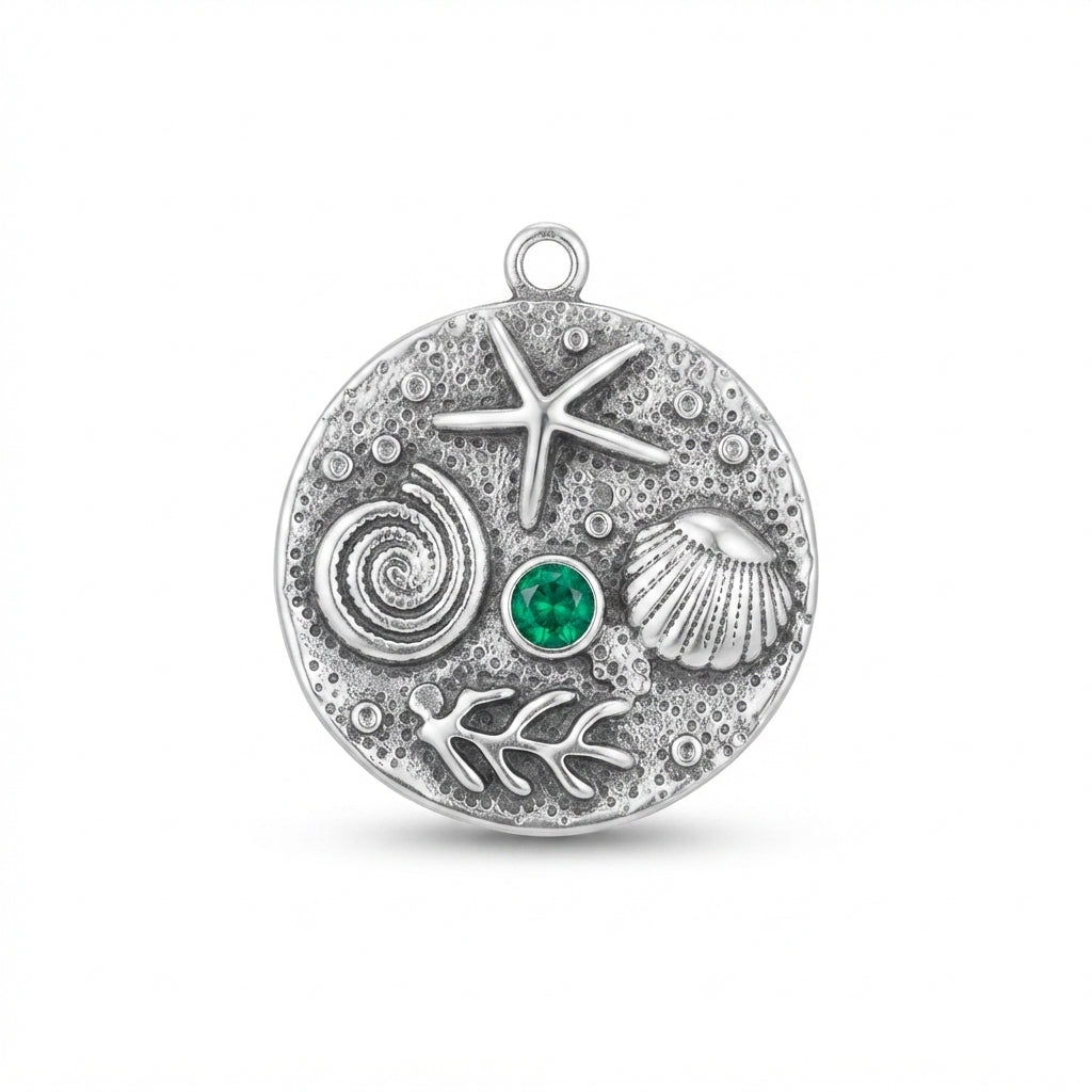 Gemstone Silver Seashore Medallion Charm