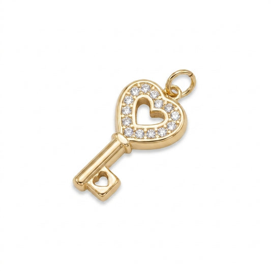 Gold Crystal Heart Key Charm