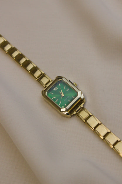 Gold Link Rectangular Emerald Green Dial Italian Watch