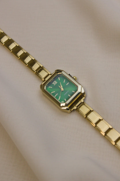 Gold Link Rectangular Emerald Green Dial Italian Watch