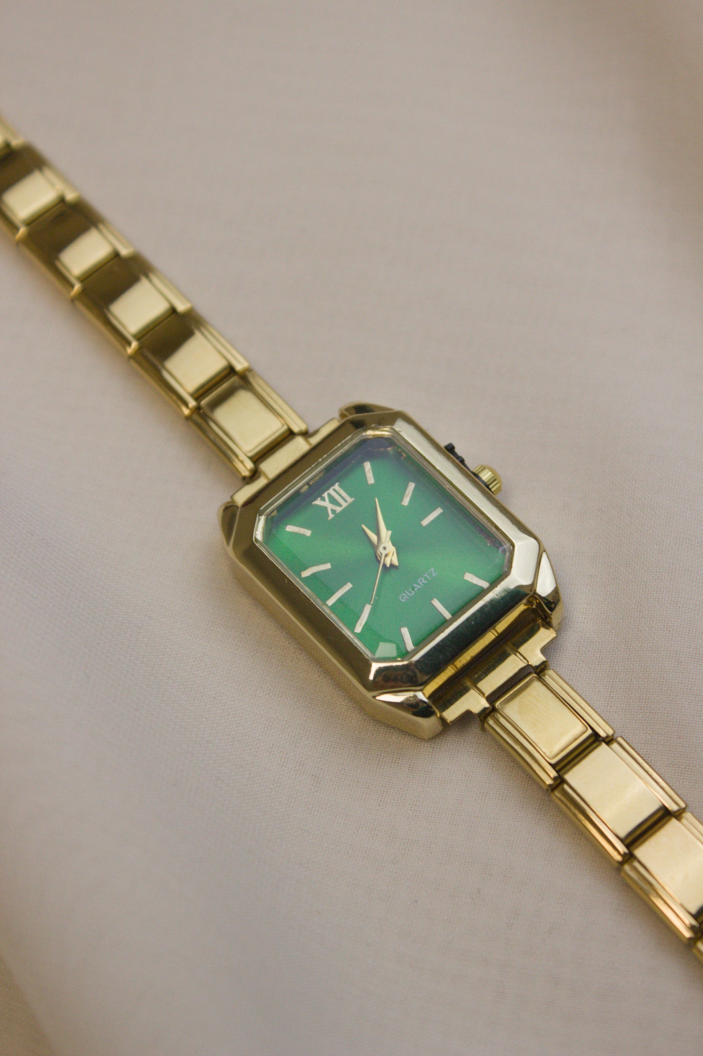 Gold Link Rectangular Emerald Green Dial Italian Watch