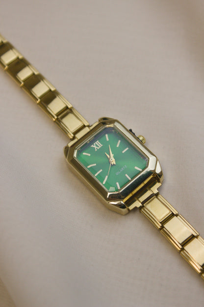 Gold Link Rectangular Emerald Green Dial Italian Watch