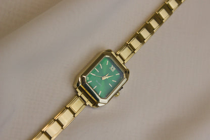 Gold Link Rectangular Emerald Green Dial Italian Watch