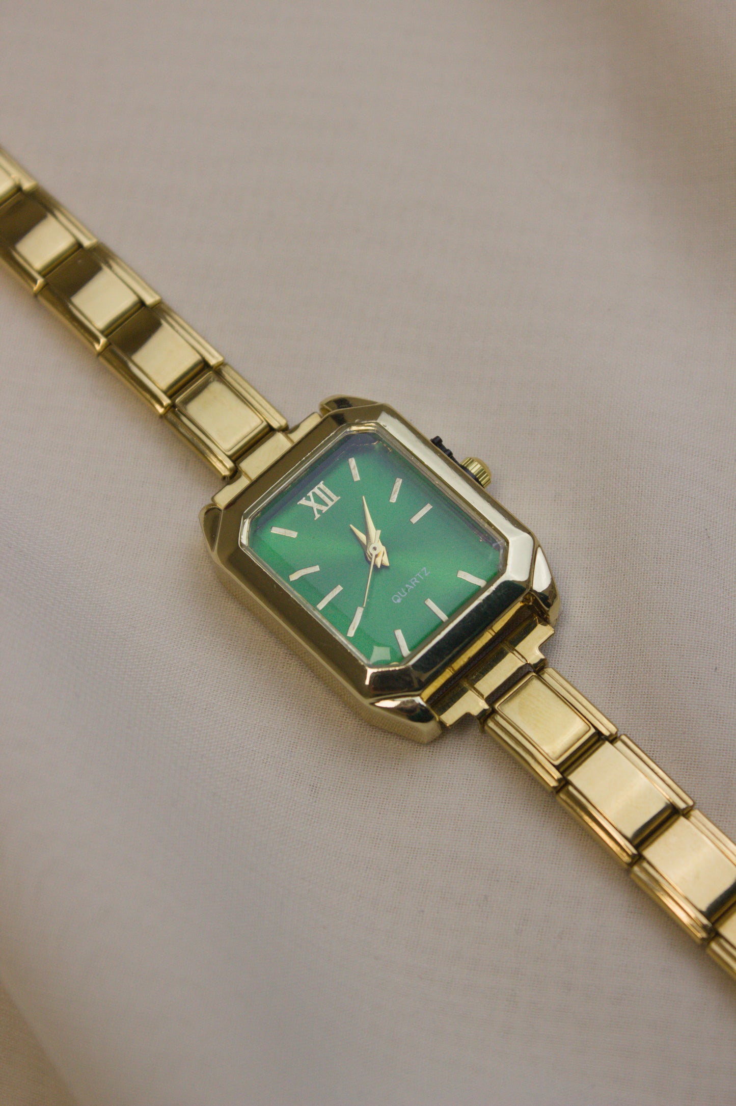 Gold Link Rectangular Emerald Green Dial Italian Watch