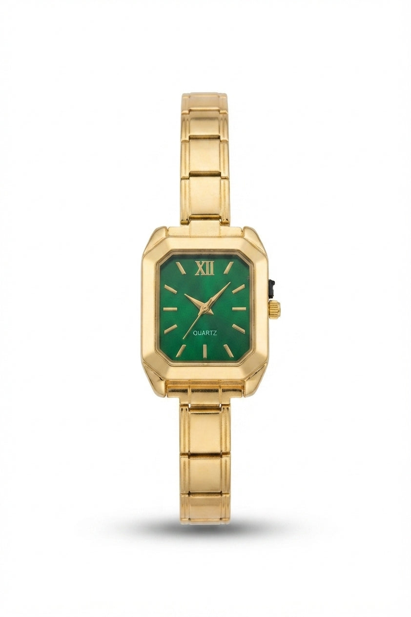 Gold Link Rectangular Emerald Green Dial Italian Watch