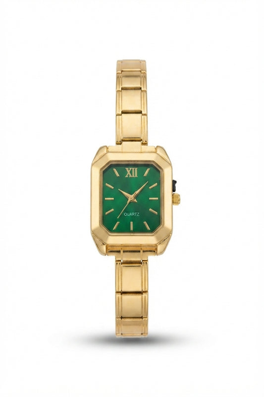Gold Link Rectangular Emerald Green Dial Italian Watch