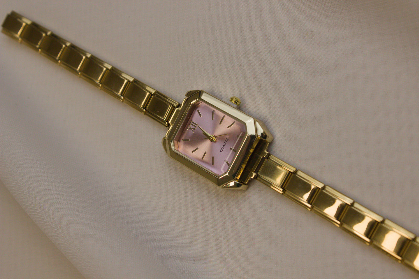 Gold Link Rectangular Pink Dial Italian Watch