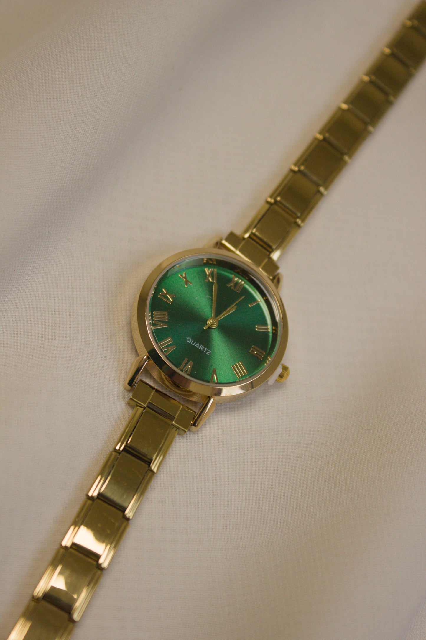 Gold Link Round Emerald Green Roman Numeral Italian Watch