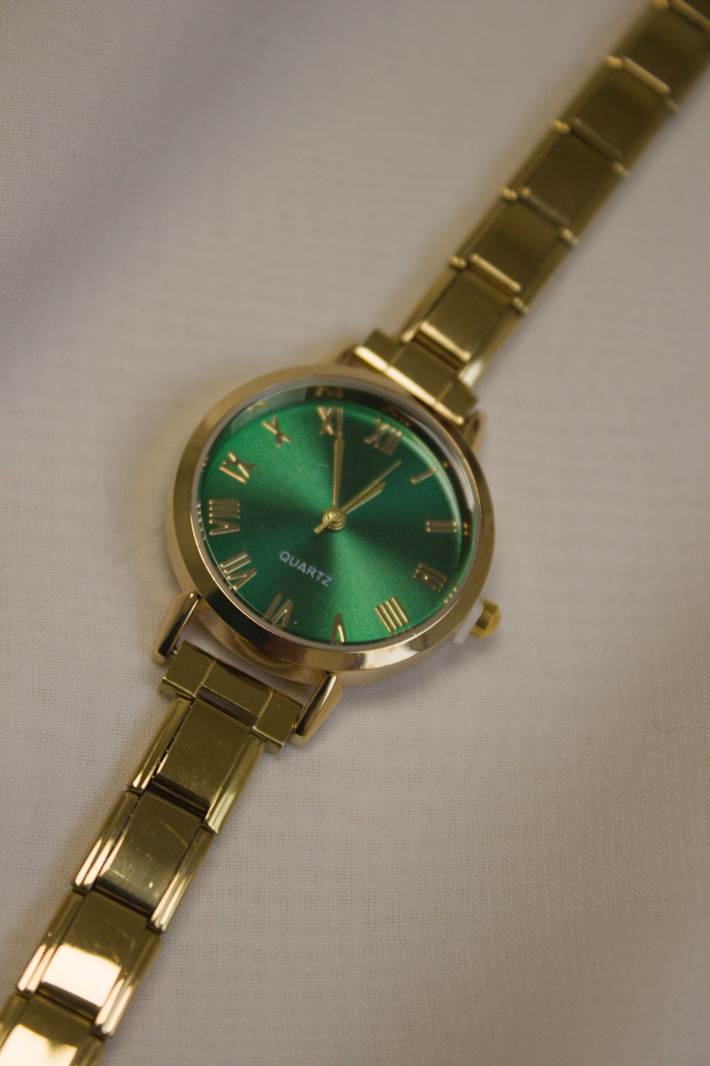 Gold Link Round Emerald Green Roman Numeral Italian Watch