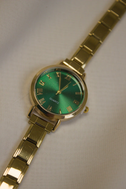 Gold Link Round Emerald Green Roman Numeral Italian Watch