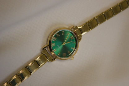 Gold Link Round Emerald Green Roman Numeral Italian Watch