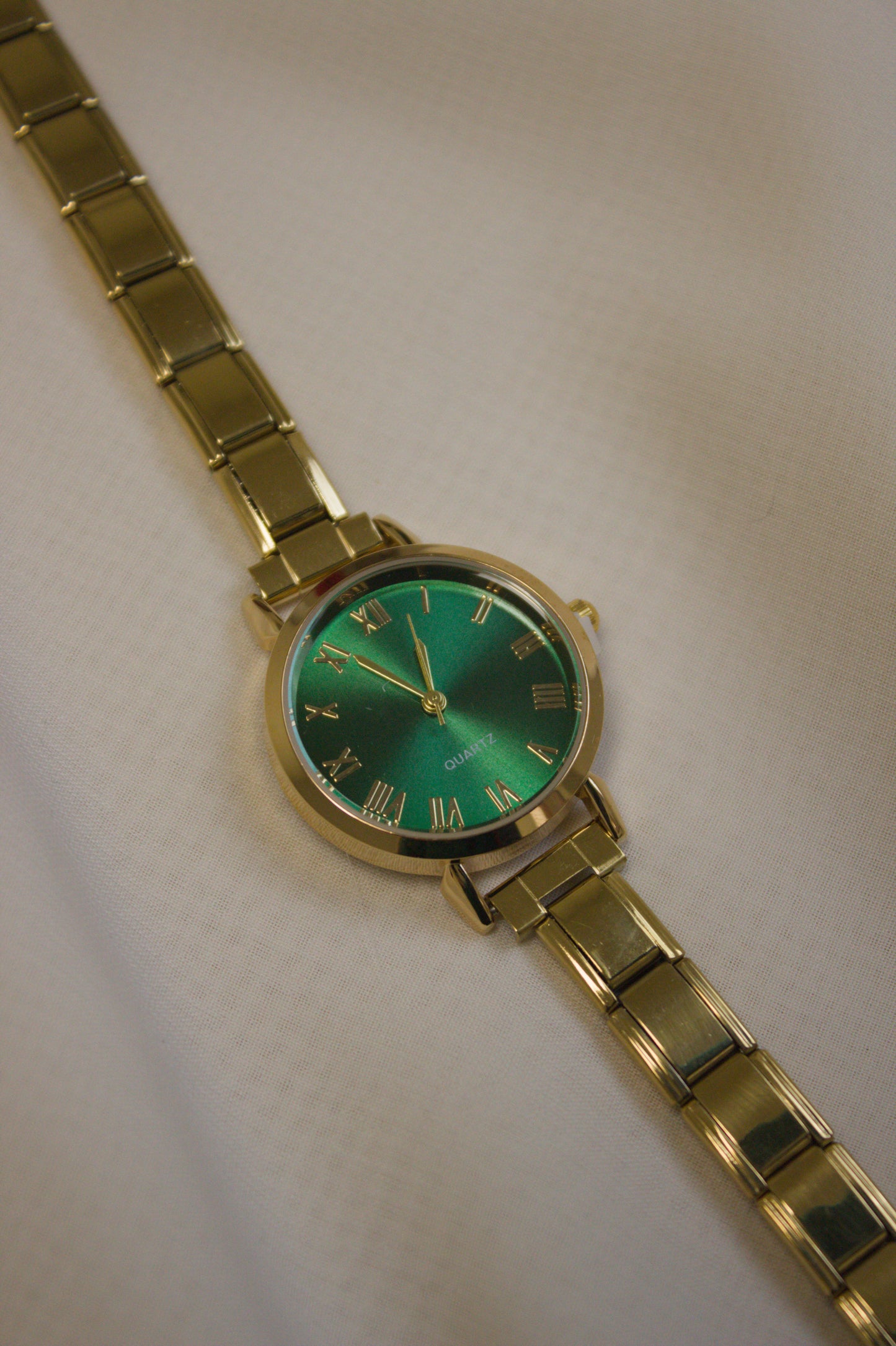 Gold Link Round Emerald Green Roman Numeral Italian Watch