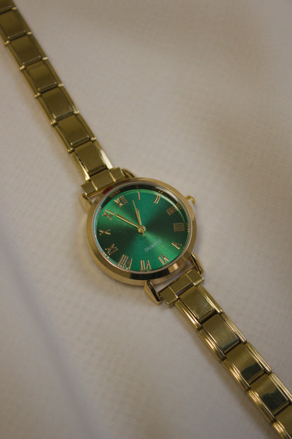 Gold Link Round Emerald Green Roman Numeral Italian Watch