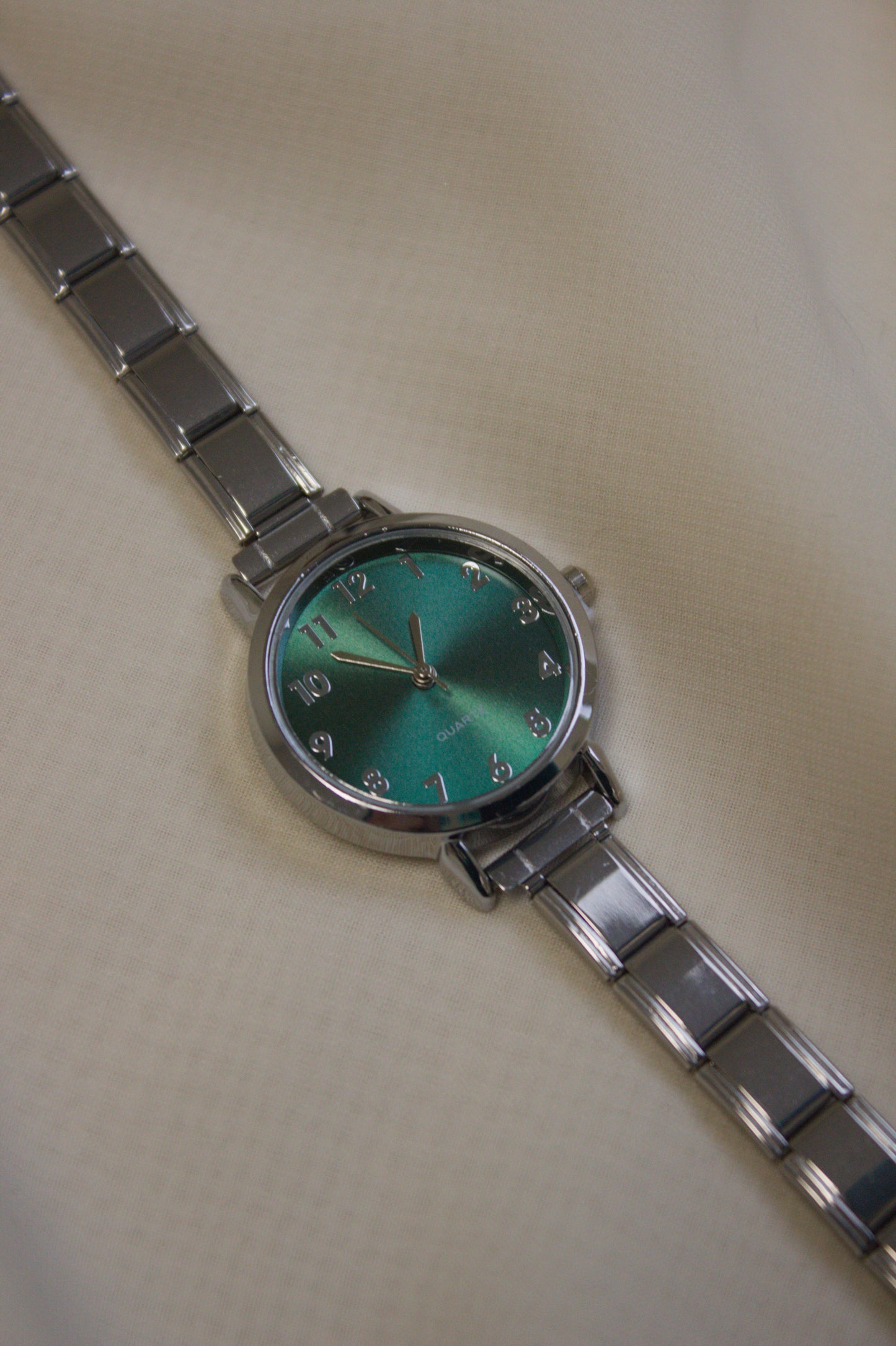 Gold Link Round Emerald Green Roman Numeral Italian Watch
