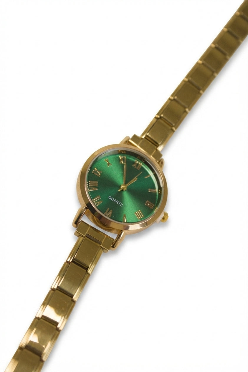 Gold Link Round Emerald Green Roman Numeral Italian Watch