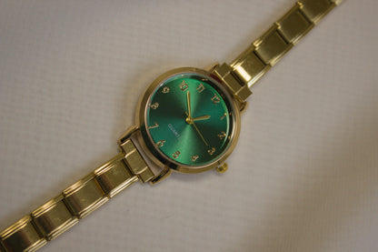 Gold Link Round Green Crystal Marker Italian Watch