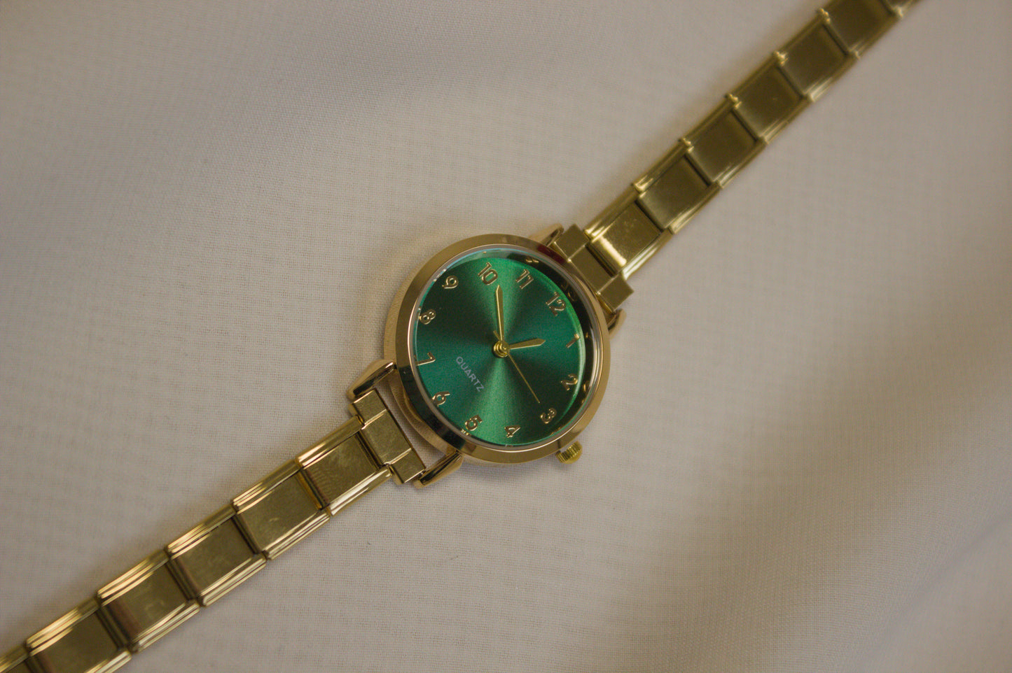 Gold Link Round Green Crystal Marker Italian Watch
