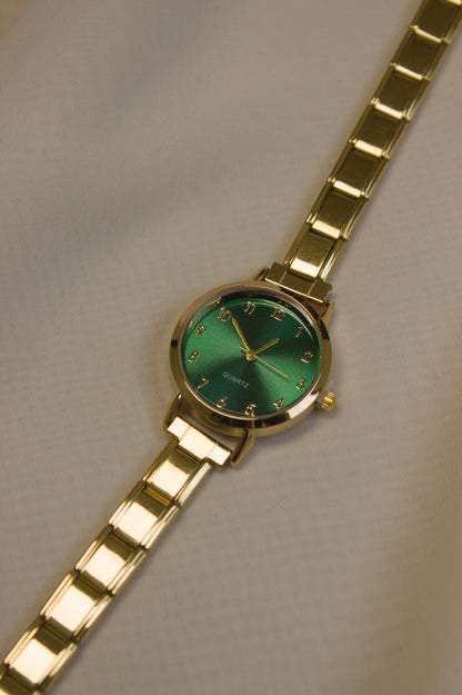 Gold Link Round Green Crystal Marker Italian Watch