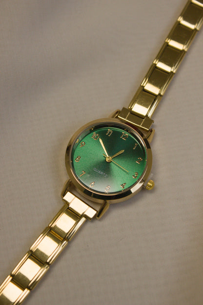Gold Link Round Green Crystal Marker Italian Watch