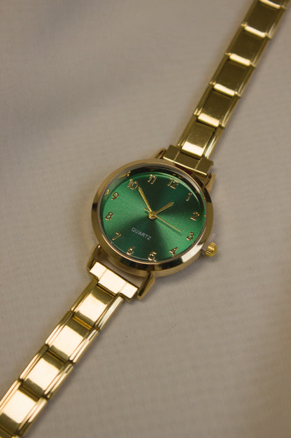 Gold Link Round Green Crystal Marker Italian Watch