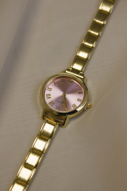 Gold Link Round Pink Roman Numeral Italian Watch