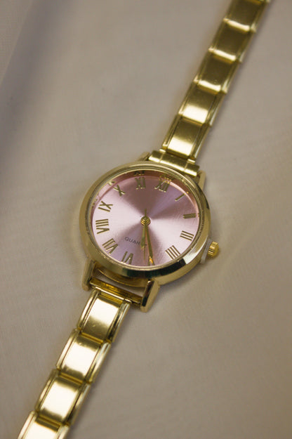 Gold Link Round Pink Roman Numeral Italian Watch