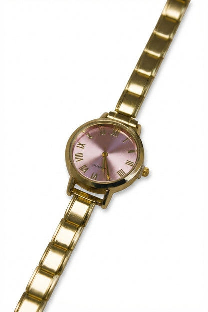Gold Link Round Pink Roman Numeral Italian Watch
