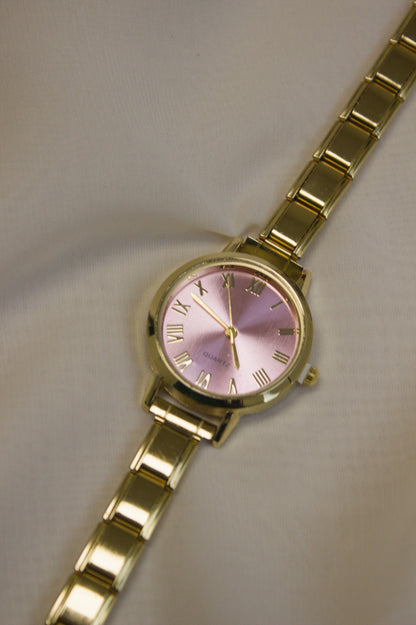 Gold Link Round Pink Roman Numeral Italian Watch (v2)