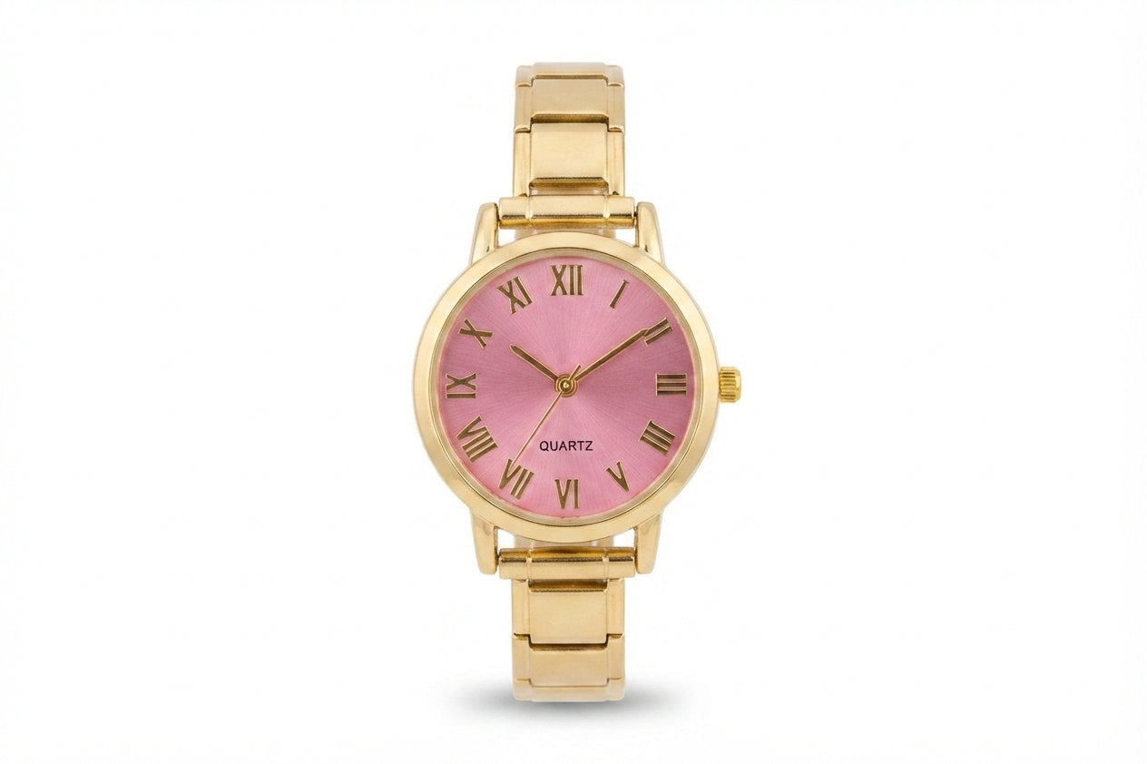 Gold Link Round Pink Roman Numeral Italian Watch (v2)