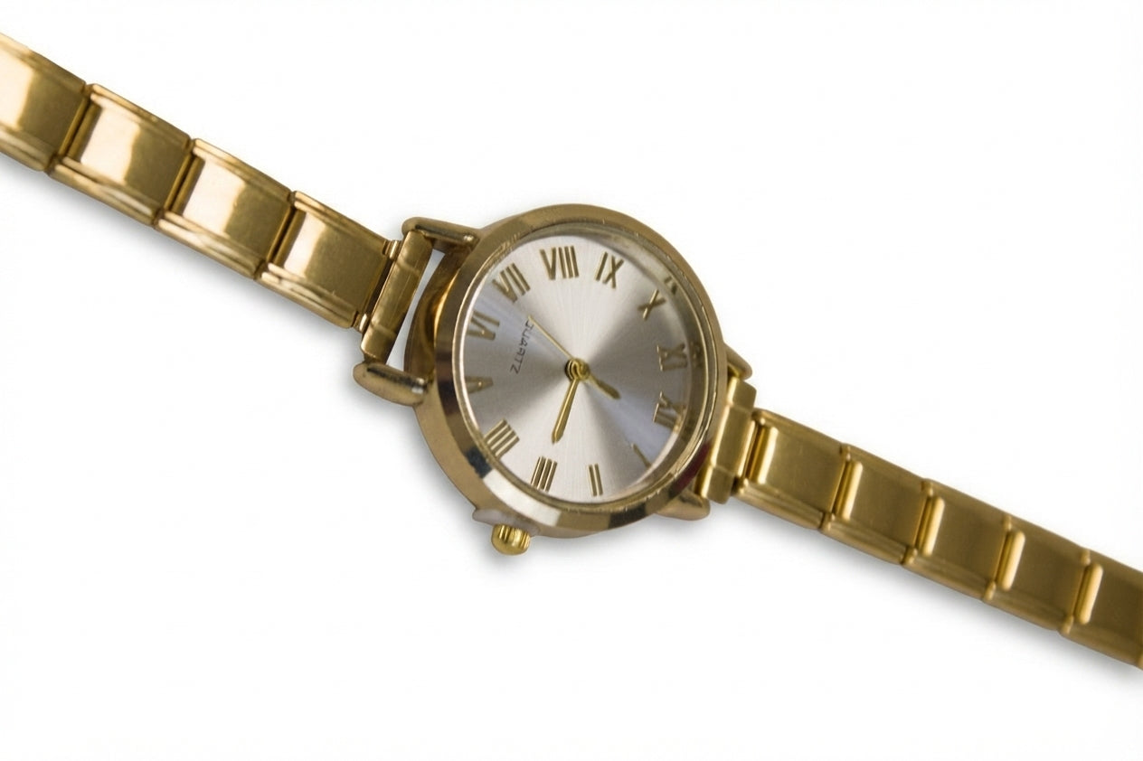 Gold Link Round Silver Full Roman Numeral Italian Watch